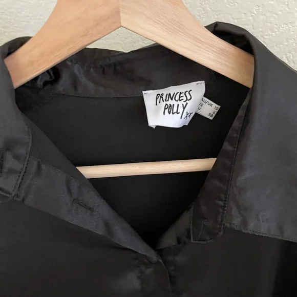 PRINCESS POLLY 90210 SATIN SHIRT MINI DRESS BLACK size 6 long sleeve - Picture 6 of 7